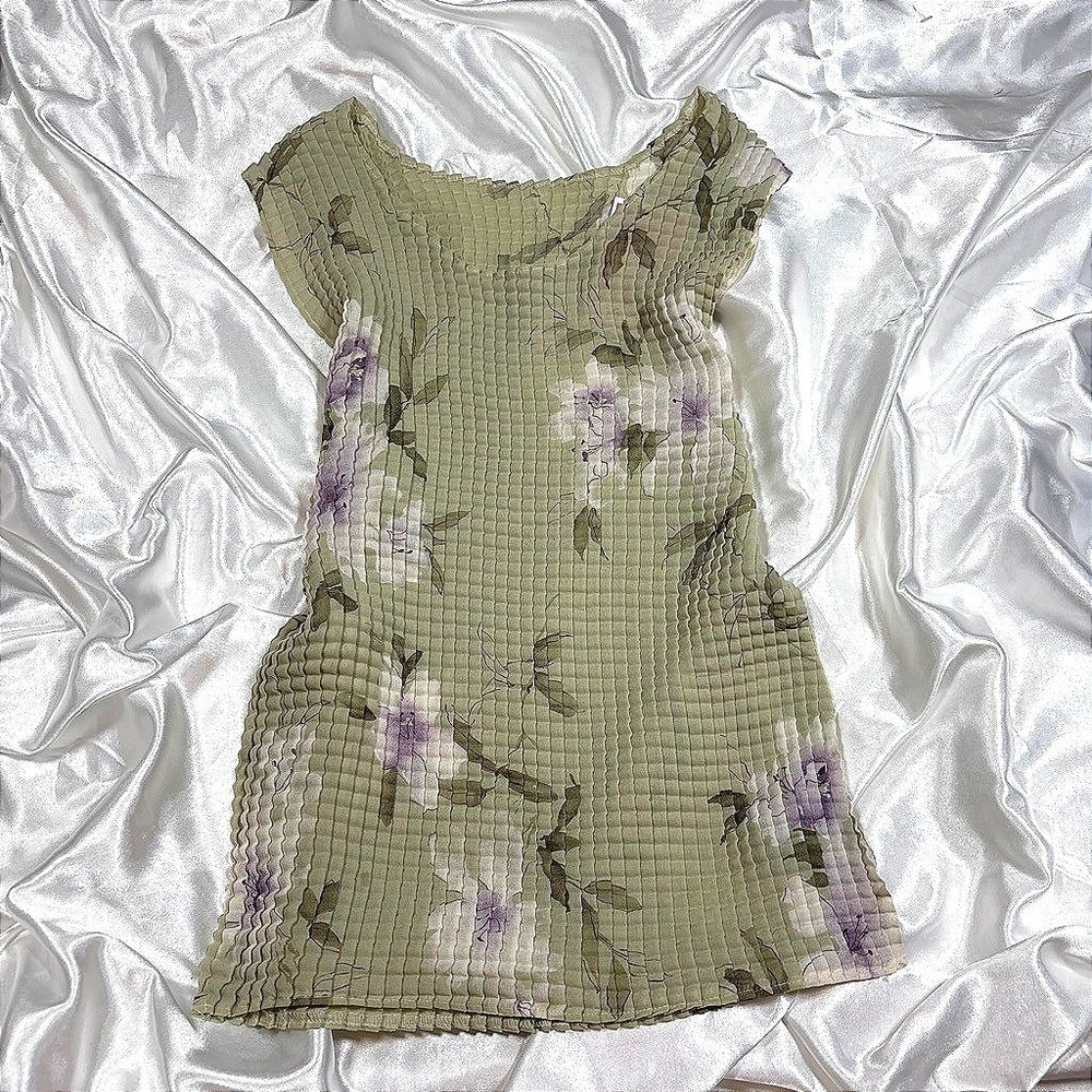 y2k vintage Notations Popcorn Top Green Floral Crinkle Short Sleeve S